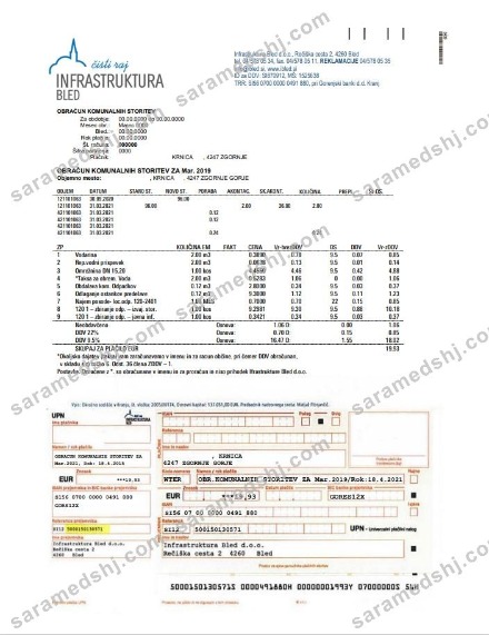 Slovenia Infrastruktura Bled utility bill template in Word and PDF format (.doc and .pdf)